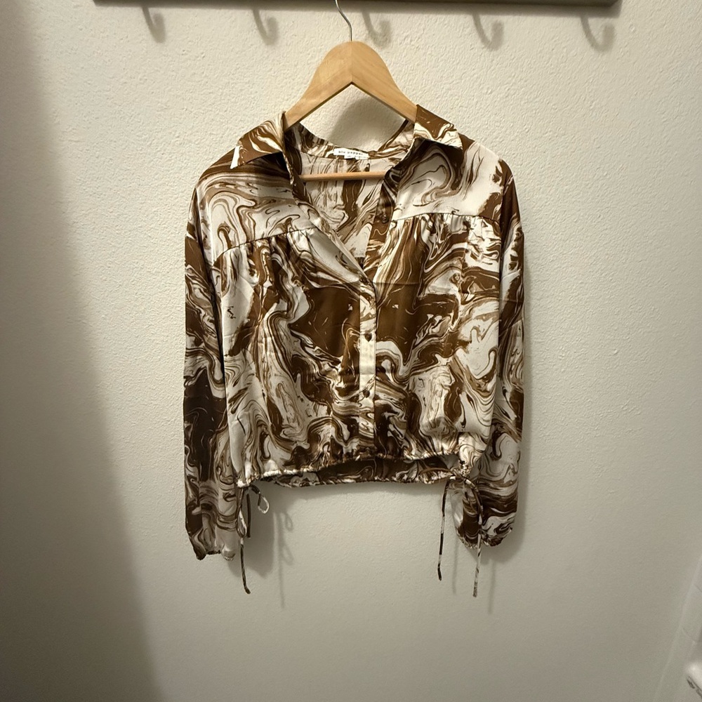 Brown and White Women's Silky Blouse